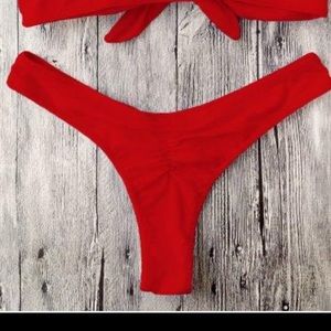 Red Zaful bikini with a thong scrunched bottom